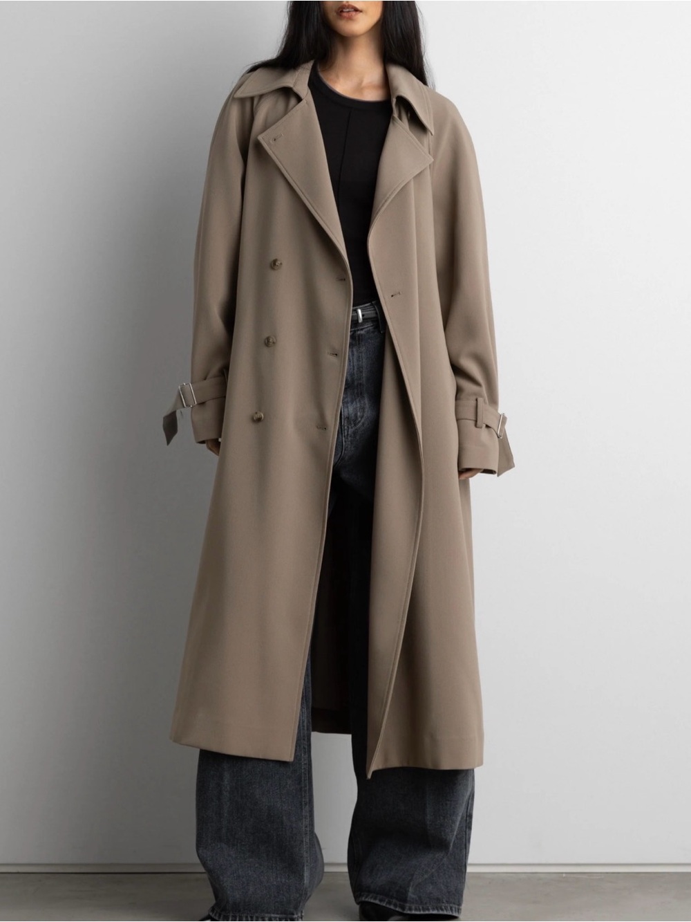 OAK + FORT Taupe Double-Breasted Trench Coat
